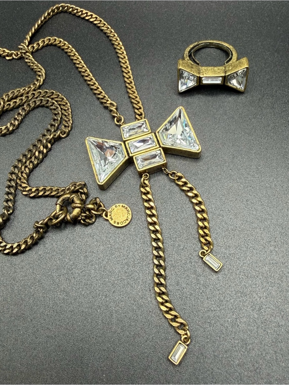 Marc by Marc Jacobs crystal bow toe necklace and matching ring #A152